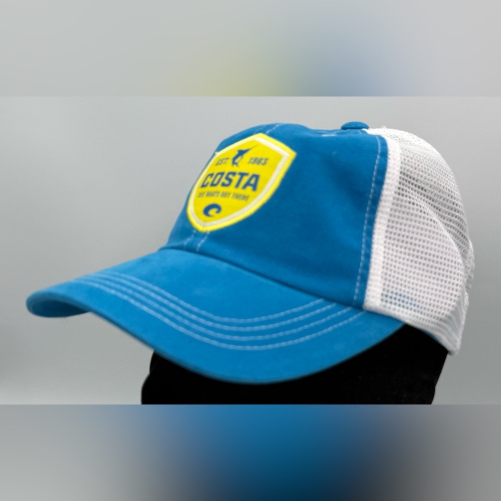 Costa Del Mar Shield Hat Unisex Blue & White Mesh Trucker Adjustable New‎ NWT